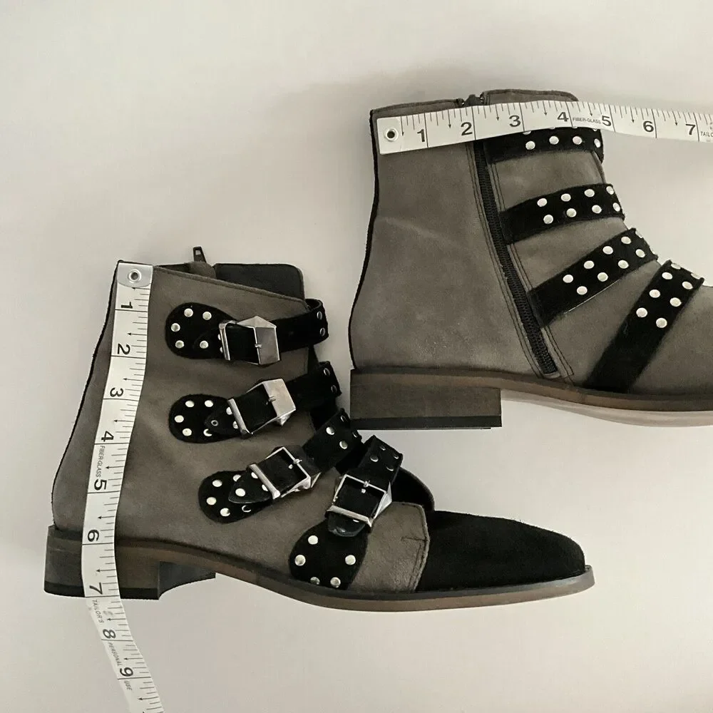 Girotti Suede Quad Buckle Studded Bootie Gray Black 41
